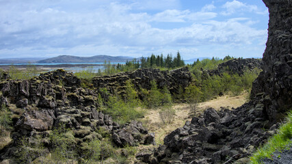 Icelandic landscape in the national park Pingvellir, a national geological landmark at a continental rift