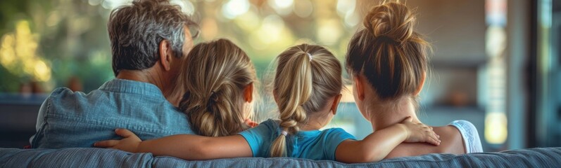 Naklejka premium Family sitting on a couch watching television, Banner