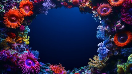 A vibrant coral reef with bright colors and textures, creating a beautiful frame around a deep blue background.