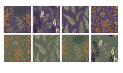 Set of seamless natural patterns. Fern leaves on a green and purple background.