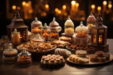 Sweet Treats and Festive Lanterns on a Wooden Table