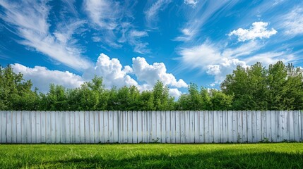 White fence with green grass and blue sky with clouds