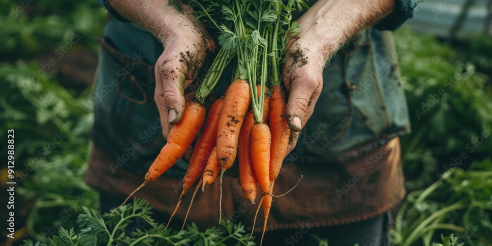 Wall mural Ranch worker showing off freshly harvested vibrant organic carrots