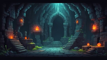 Obraz premium Game assets background RPG Gaming Battle Scene Underground Dungeon in Pixel 8bits 16bits 32 bits
