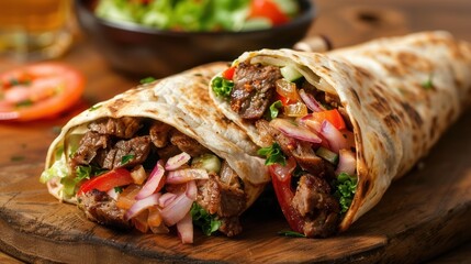 Delicious shawarma cut out, featuring layers of seasoned meat and fresh vegetables Detailed, vibrant, and mouthwatering presentation