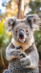 Naklejka premium The Koala with a thumbs up, closeup shot, warm natural light, simple background, endearing expression, detailed fur