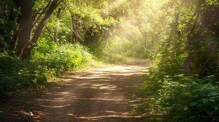 Obraz premium Serene Sunlit Path Through Lush Green Forest During Golden Hour Near Tranquil Stream