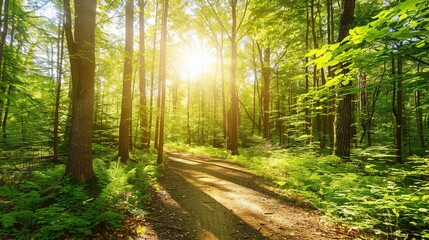 Fototapeta premium Radiant Sunlight Filtering Through Lush Green Forest Trees Along A Serene Pathway