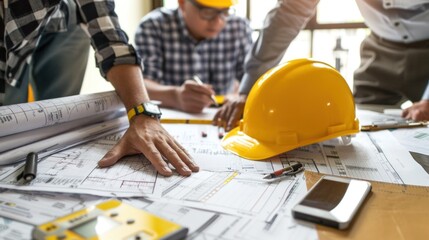 Generate a photo realistic image of a construction project team discussing a budget proposal, with detailed financial charts and proposal documents; ensure the image is of high resolution 