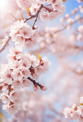 Sakura. Branches with pink flowers on a plain background for publications.