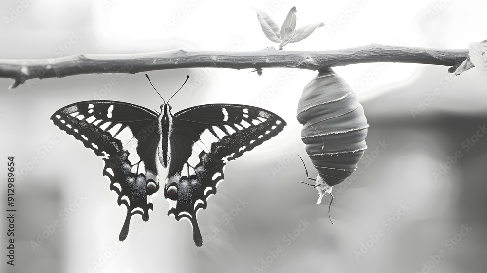 Poster a kaleidoscopic butterfly emerging from a monochrome cocoon. transformation and artistic rebirth. pe