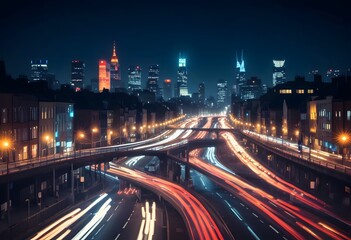 Fototapeta premium Blurred cityscape with illuminated skyscrapers and traffic lights at night