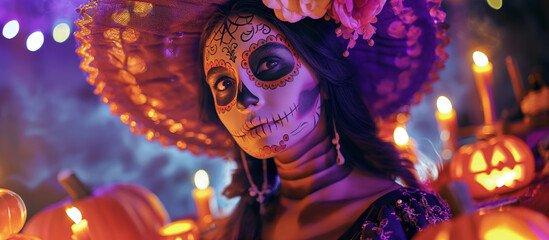 Day of the Dead theme with a vibrant purple, orange, and black background featuring skull motifs. A woman in traditional Mexican dress and hat, with flowers on her head, surrounded by candles