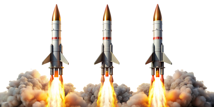 A missile rocket with fire trail isolated on white background.PNG AI GENERATED