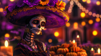 Day of the Dead theme with a vibrant purple, orange, and black background featuring skull motifs. A woman in traditional Mexican dress and hat, with flowers on her head, surrounded by candles