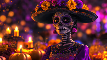 Day of the Dead theme with a vibrant purple, orange, and black background featuring skull motifs. A woman in traditional Mexican dress and hat, with flowers on her head, surrounded by candles