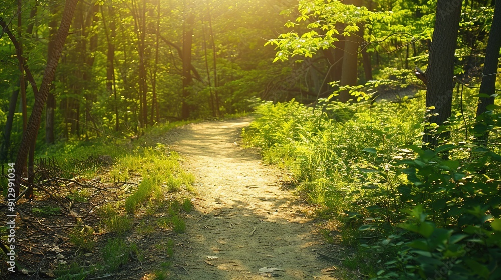 Aufkleber sunlight filtering through trees along a peaceful forest path in late afternoon