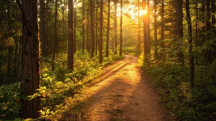Obraz premium Sunlight Streaming Through Trees Along a Winding Path in the Forest at Dusk