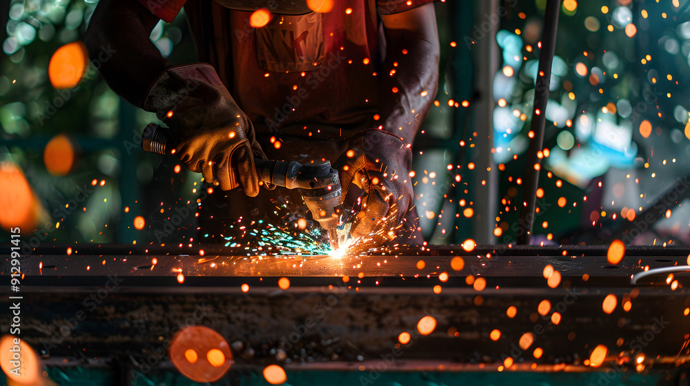 Poster a man is working in the factory. he uses an electric welding machine to create sparks and light as h