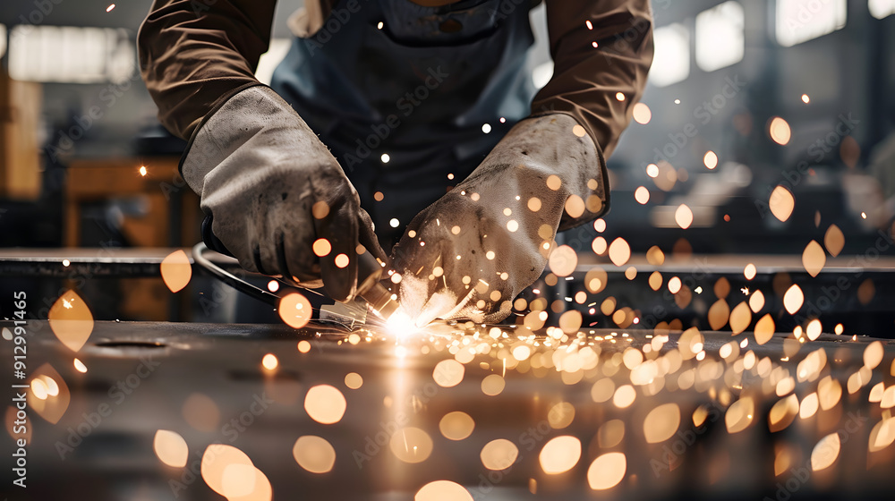 Poster a man is working in the factory. he uses an electric welding machine to create sparks and light as h
