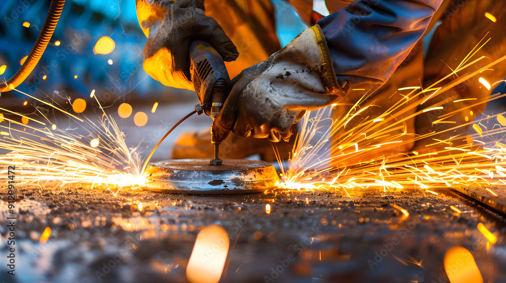 Poster a man is working in the factory. he uses an electric welding machine to create sparks and light as h