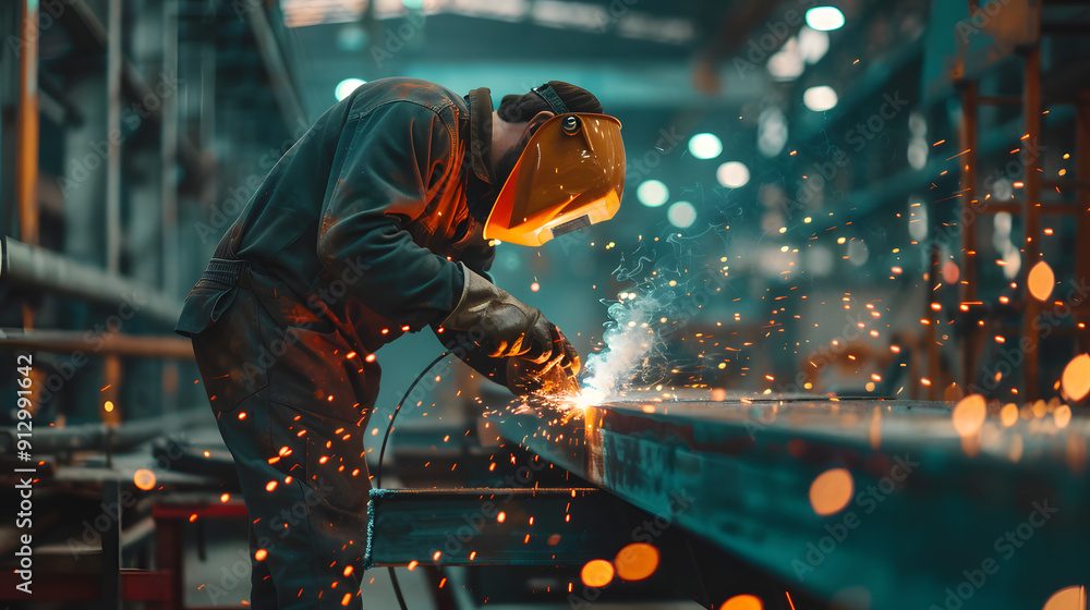 Poster a man is working in the factory. he uses an electric welding machine to create sparks and light as h