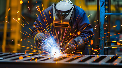 A man is working in the factory. He uses an electric welding machine to create sparks and light as he works on a large metal plate 