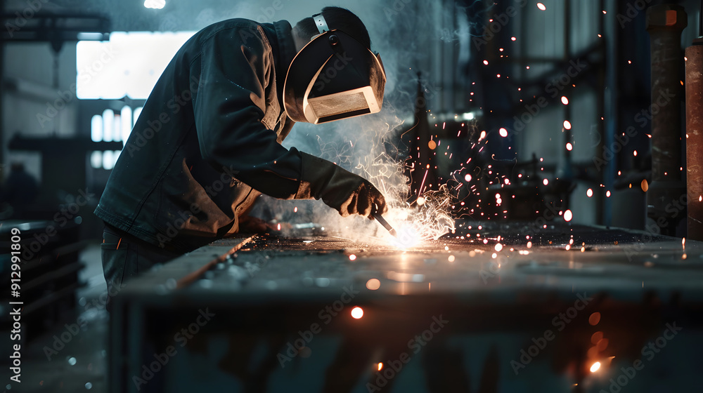 Poster a man is working in the factory. he uses an electric welding machine to create sparks and light as h