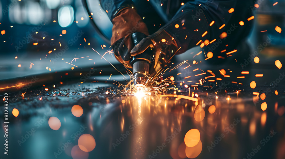 Poster a man working in a factory and using an electric welding machine on a large metal plate and creating