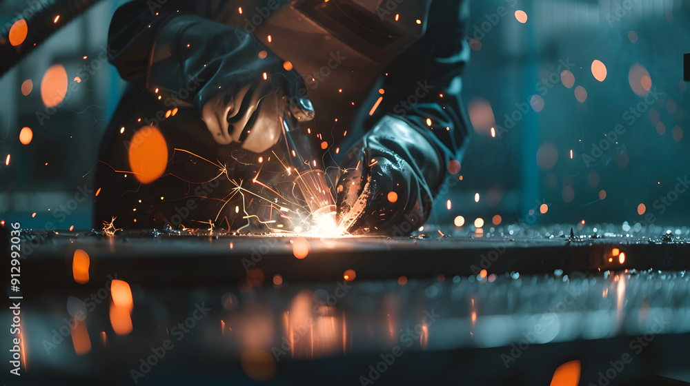Aufkleber a man working in a factory and using an electric welding machine on a large metal plate and creating