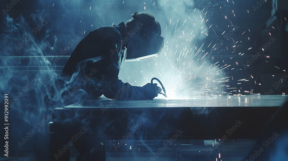 Aufkleber a man working in a factory and using an electric welding machine on a large metal plate and creating
