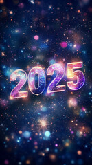 A beautiful cosmic background with the numbers "2025" in vibrant colors, floating among stars and galaxies. The large centered text on the canvas creates an otherworldly atmosphere