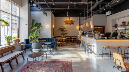 Modern Coffee Shop Interior Featuring Cozy Seating Areas And Natural Lighting In A Urban Setting