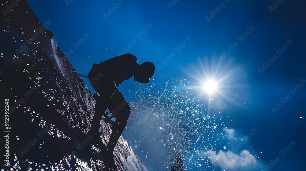 Poster a man working in a factory and using an electric welding machine on a large metal plate and creating