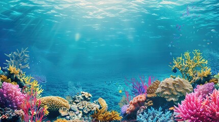 Vibrant Coral Reef Under Clear Blue Ocean Water With Sunlight Filtering Through