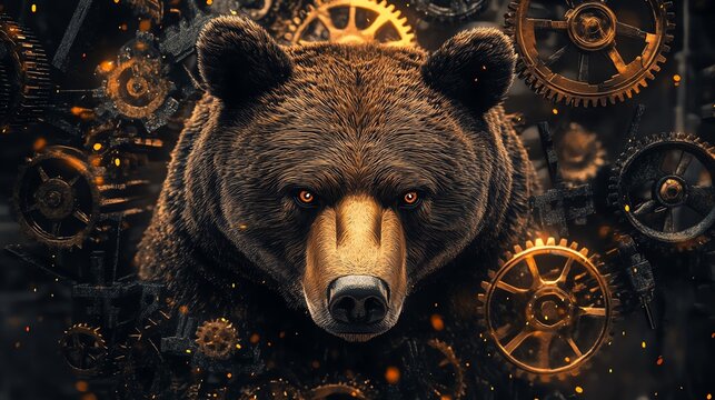 A striking illustration of a bear among mechanical gears, blending nature and machinery in a captivating steampunk style artwork.