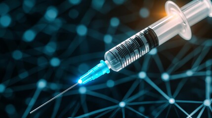 Close-up of a syringe with a glowing blue light illuminating the needle, set against a dark, high-tech background