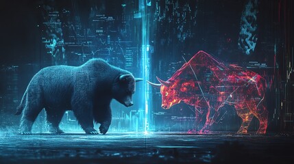 Futuristic digital art depicting a bear facing a bull, representing the stock market's bearish and bullish trends in a cyber-themed style.