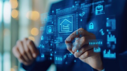 Businessman interacts with futuristic digital interface, analyzing data and charts for innovation and technology advancements.