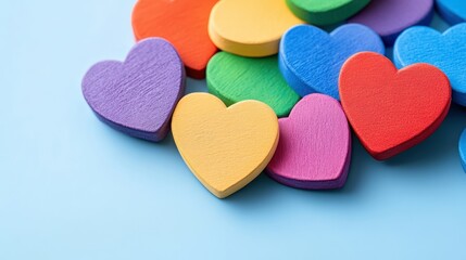 Fototapeta premium Colorful wooden hearts arranged on a light blue background, symbolizing love, diversity, and inclusion. Perfect for Valentine's Day designs.