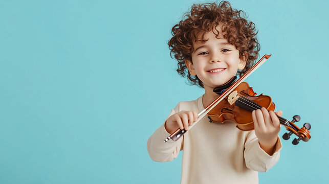 Little boy playing violin on blue background, happy child with curly hair and casual smiling while standing and playing music instrument.World Music Day concept