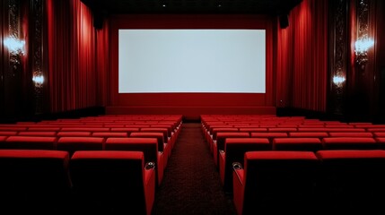 Obraz premium Empty cinema auditorium with red seats and a large screen, ready for an audience. Captures the atmosphere of a theater waiting for showtime.