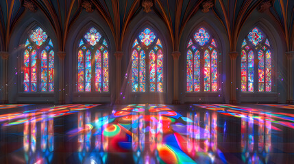 Obraz premium A mystical ancient temple with divine light pouring through ornate stained glass 