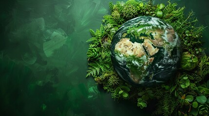 Globe with ecofriendly transport and green technology symbols minimalistic flat blue background art space for text