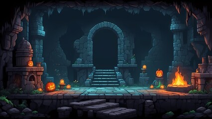 Game assets background RPG Gaming Battle Scene Underground Dungeon in Pixel 8bits 16bits 32 bits
