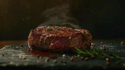Succulent Grilled Steak with Aromatic Herbs on Rustic Stone Background, Perfect for Culinary Wallpaper and Abstract Wallart