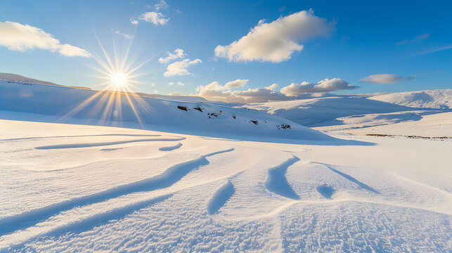 A peaceful snowscape with sun rays piercing through gaps in the winter clouds 