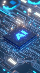High-resolution 3D illustration of a chip with holographic "AI" text floating above it