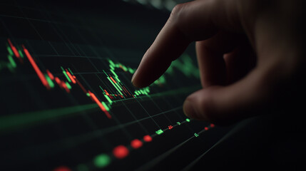 Close-up of a hand touching a digital stock market chart on a screen, pointing at a green upward trending line with red and black candles against a dark background.