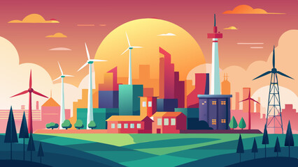 A flat illustration of a eco friendly city's skyline at sunset. add windmills, power plants, dams, power supply towers 